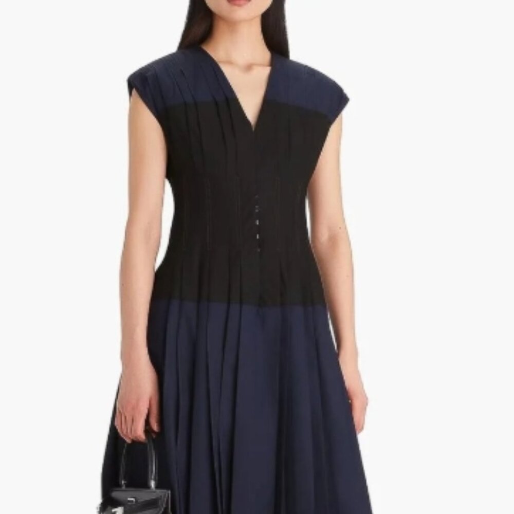 NWOT TORY BURCH Claire McCardell Poplin Midi Dress Navy/Black Corset XS ($975)